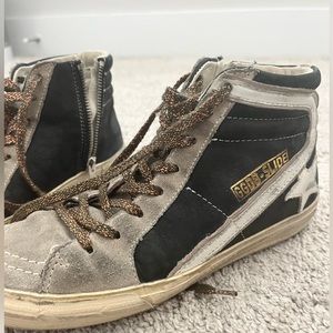 AUTHENTIC, GOLDEN GOOSE SLIDES. Black, white, grey &sparkly black/bronze laces.